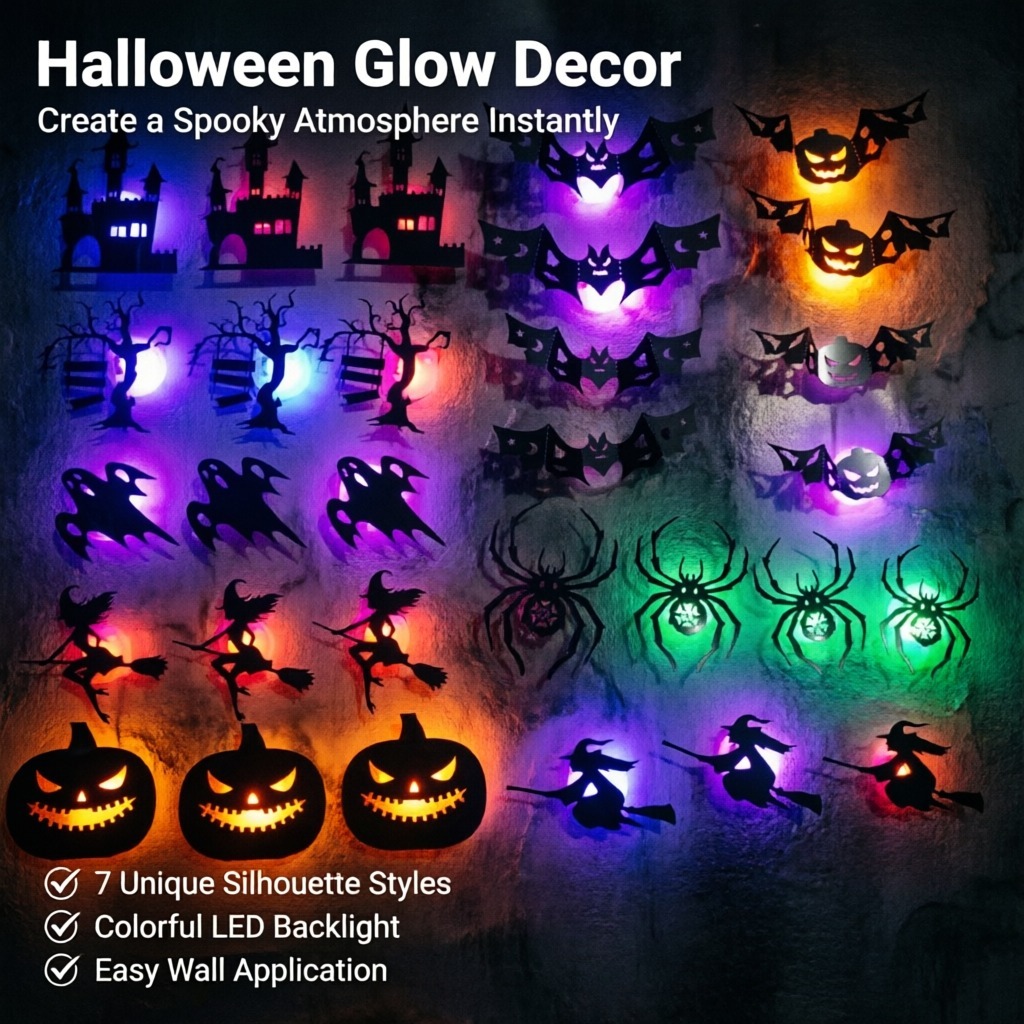 Halloween Pumpkin Decor Led - 8 pièces/ensemble, autocollants muraux LED d'Halloween,