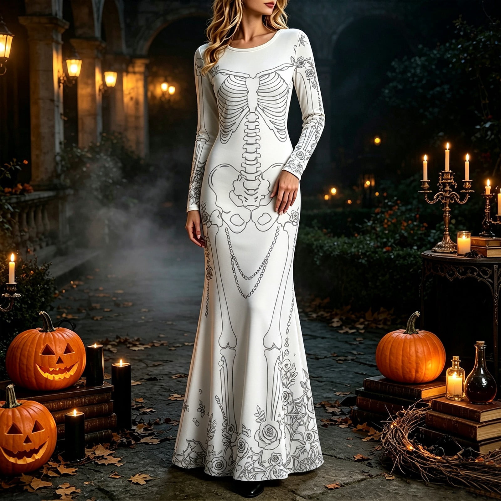 Robe longue à imprimé de roses - Halloween Skeleton Decoration avis et prix